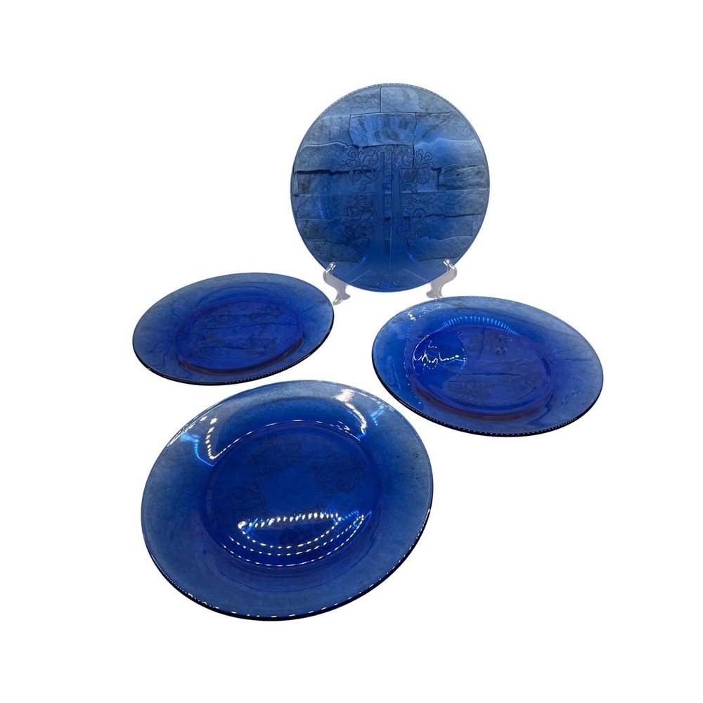 Arcoroc Cobalt Blue Glass Dinner Plate Set Embossed Floral Pattern (4) France